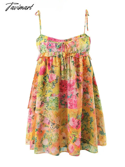 Spring Summer New Fungus Lace Short Strap Dress Woman Sexy Sweet Backless Printed Tie Mini Dress Female