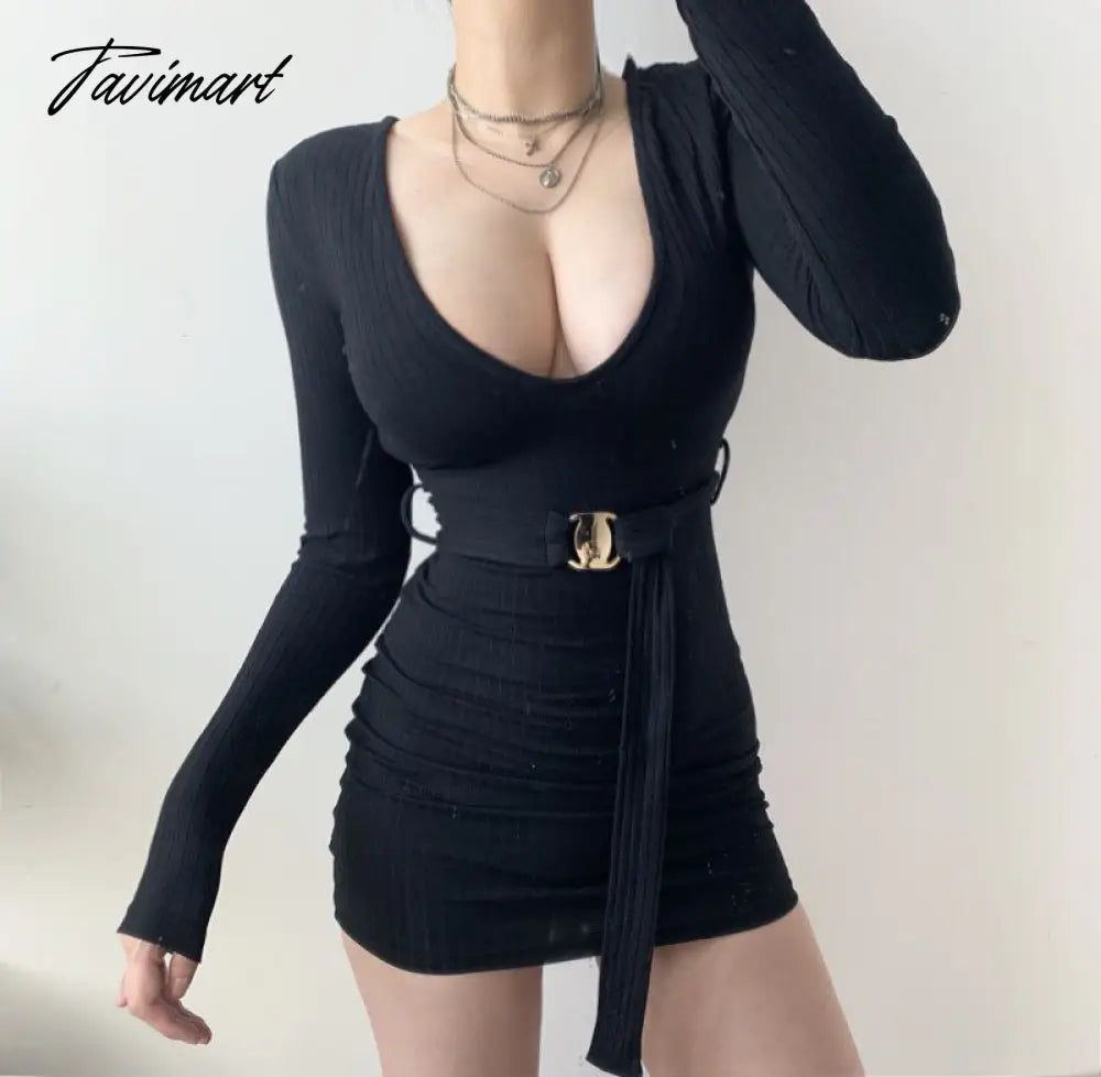 Spring Summer Sexy Women's Mini Dress Deep V Plain Bodycon Long Sleeve Wrap Hip Streetwear Club Wear with Belt