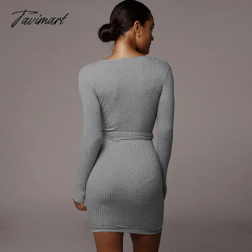 Spring Summer Sexy Women's Mini Dress Deep V Plain Bodycon Long Sleeve Wrap Hip Streetwear Club Wear with Belt