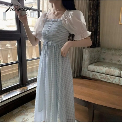 Spring Summer Women Elegant Puff Sleeve Plaid Blue Dress Female Square Collar Patchwork Fairy Holiday Dress