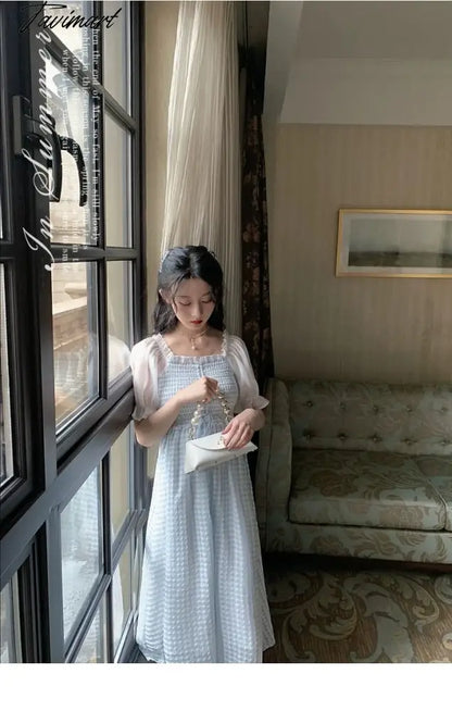 Spring Summer Women Elegant Puff Sleeve Plaid Blue Dress Female Square Collar Patchwork Fairy Holiday Dress