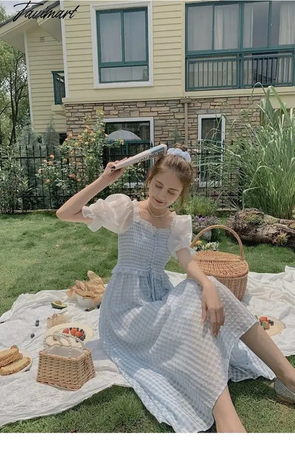 Spring Summer Women Elegant Puff Sleeve Plaid Blue Dress Female Square Collar Patchwork Fairy Holiday Dress