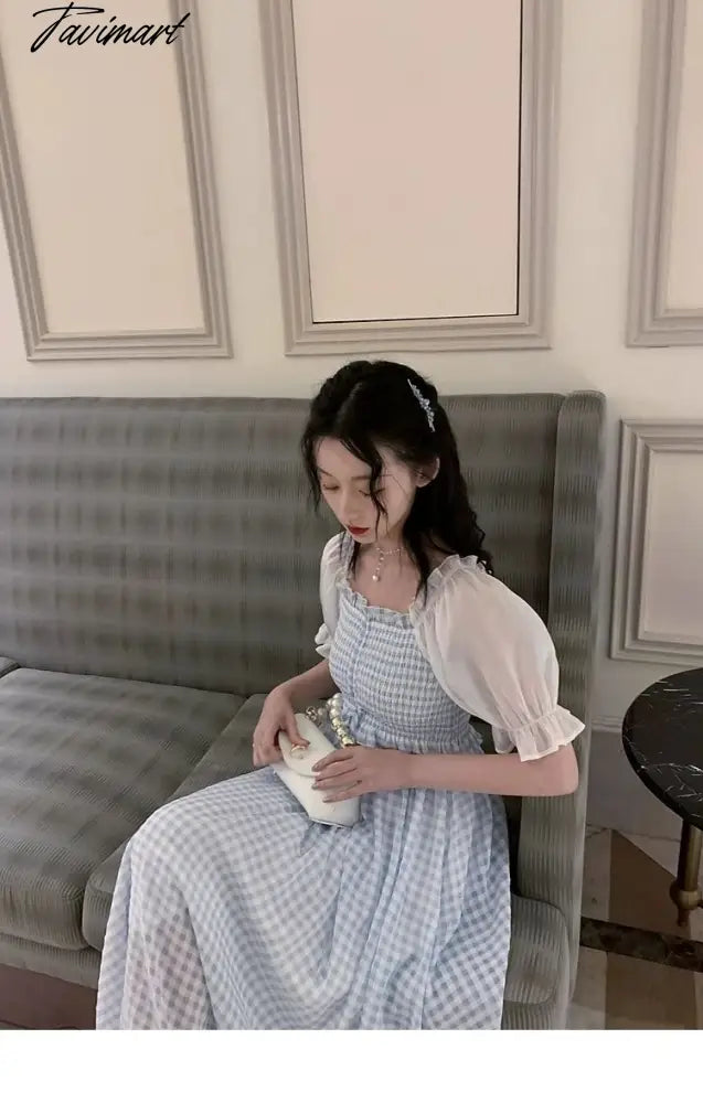 Spring Summer Women Elegant Puff Sleeve Plaid Blue Dress Female Square Collar Patchwork Fairy Holiday Dress
