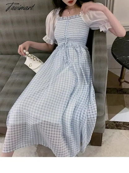 Spring Summer Women Elegant Puff Sleeve Plaid Blue Dress Female Square Collar Patchwork Fairy Holiday Dress