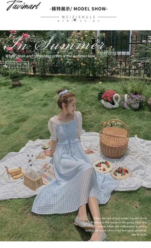 Spring Summer Women Elegant Puff Sleeve Plaid Blue Dress Female Square Collar Patchwork Fairy Holiday Dress