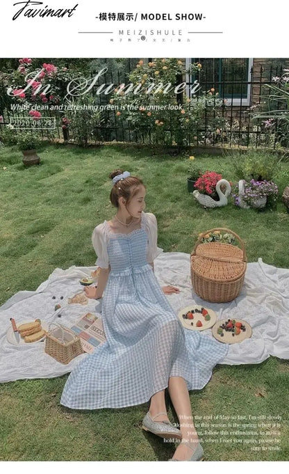 Spring Summer Women Elegant Puff Sleeve Plaid Blue Dress Female Square Collar Patchwork Fairy Holiday Dress