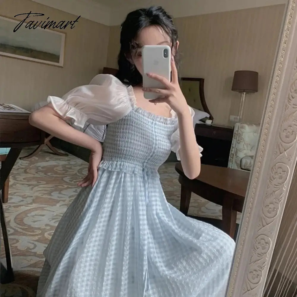 Spring Summer Women Elegant Puff Sleeve Plaid Blue Dress Female Square Collar Patchwork Fairy Holiday Dress