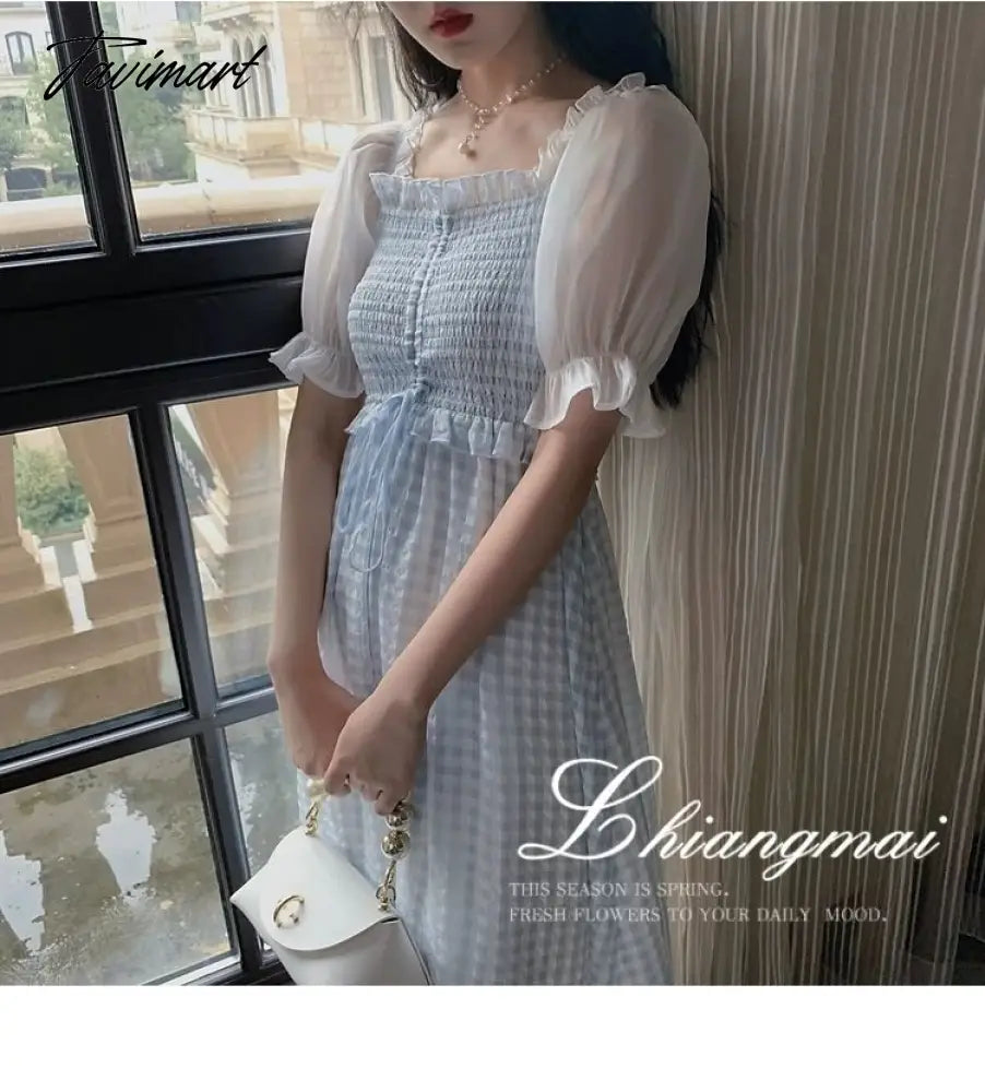 Spring Summer Women Elegant Puff Sleeve Plaid Blue Dress Female Square Collar Patchwork Fairy Holiday Dress