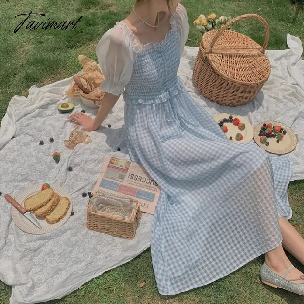 Spring Summer Women Elegant Puff Sleeve Plaid Blue Dress Female Square Collar Patchwork Fairy Holiday Dress