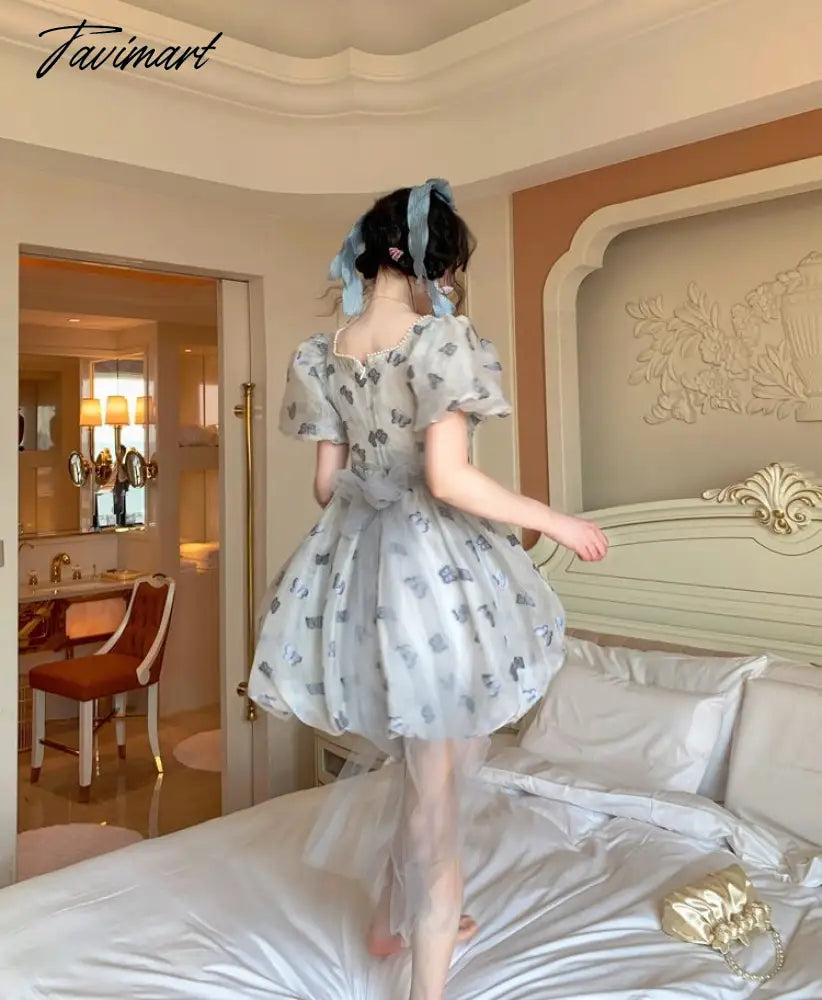 Spring Vintage Fairy Casual Printing Women Patchwork Mini Dress Ladies Elegant Princess Korean Mesh Party Dresses Y2k