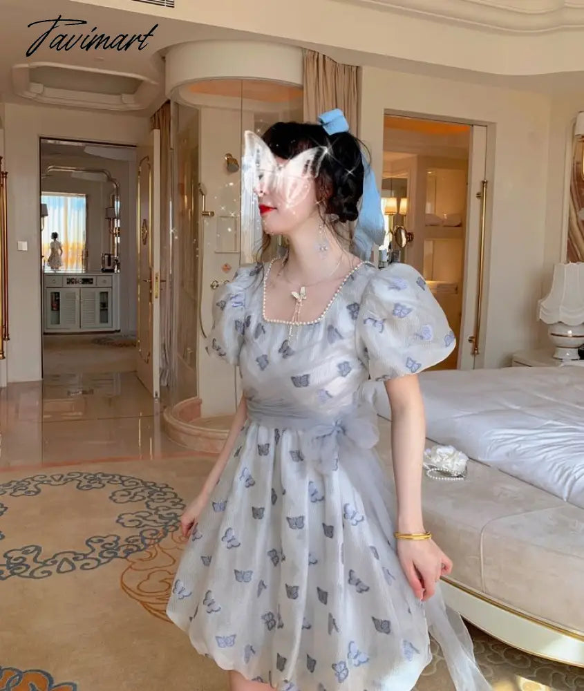 Spring Vintage Fairy Casual Printing Women Patchwork Mini Dress Ladies Elegant Princess Korean Mesh Party Dresses Y2k