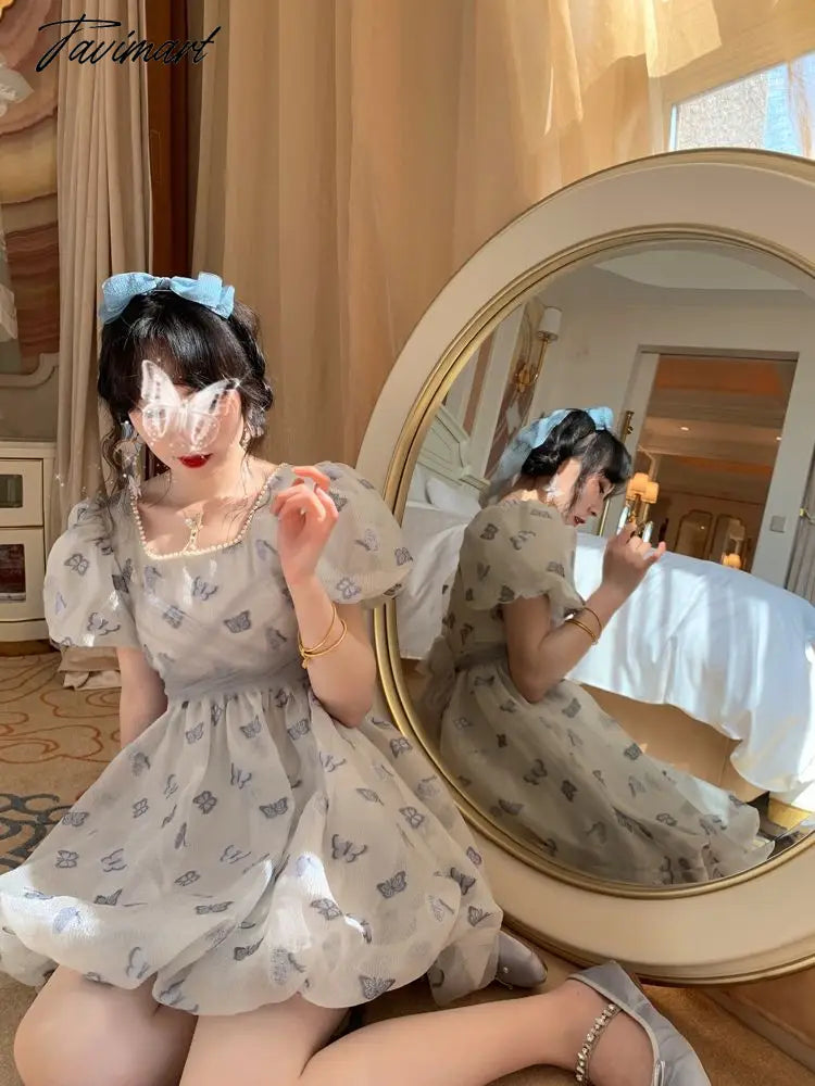 Spring Vintage Fairy Casual Printing Women Patchwork Mini Dress Ladies Elegant Princess Korean Mesh Party Dresses Y2k