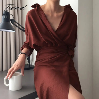 Spring Women Casual V-neck Cotton Linen Midi Dress Full Sleeve Lace Up Female Elegant Solid Vestidos
