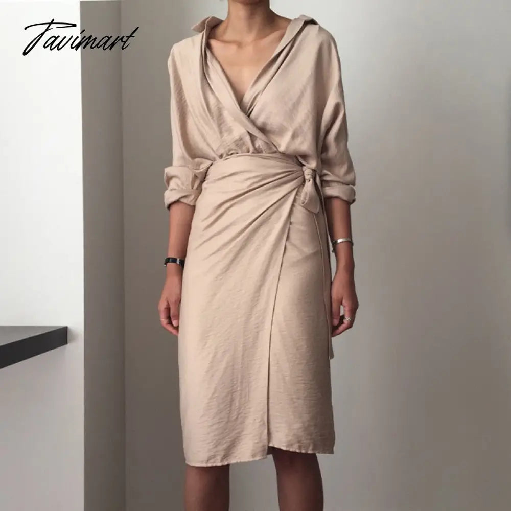 Spring Women Casual V-neck Cotton Linen Midi Dress Full Sleeve Lace Up Female Elegant Solid Vestidos