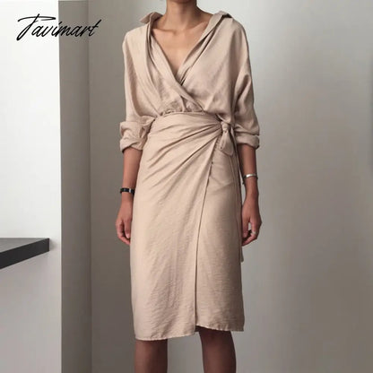 Spring Women Casual V-neck Cotton Linen Midi Dress Full Sleeve Lace Up Female Elegant Solid Vestidos