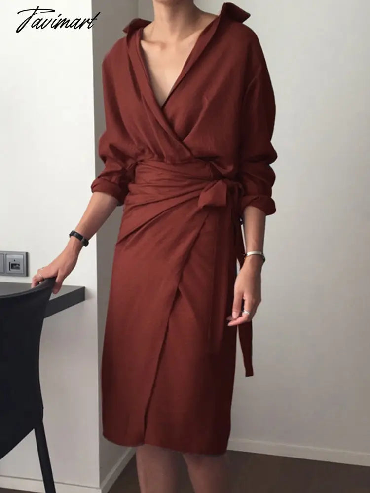 Spring Women Casual V-neck Cotton Linen Midi Dress Full Sleeve Lace Up Female Elegant Solid Vestidos