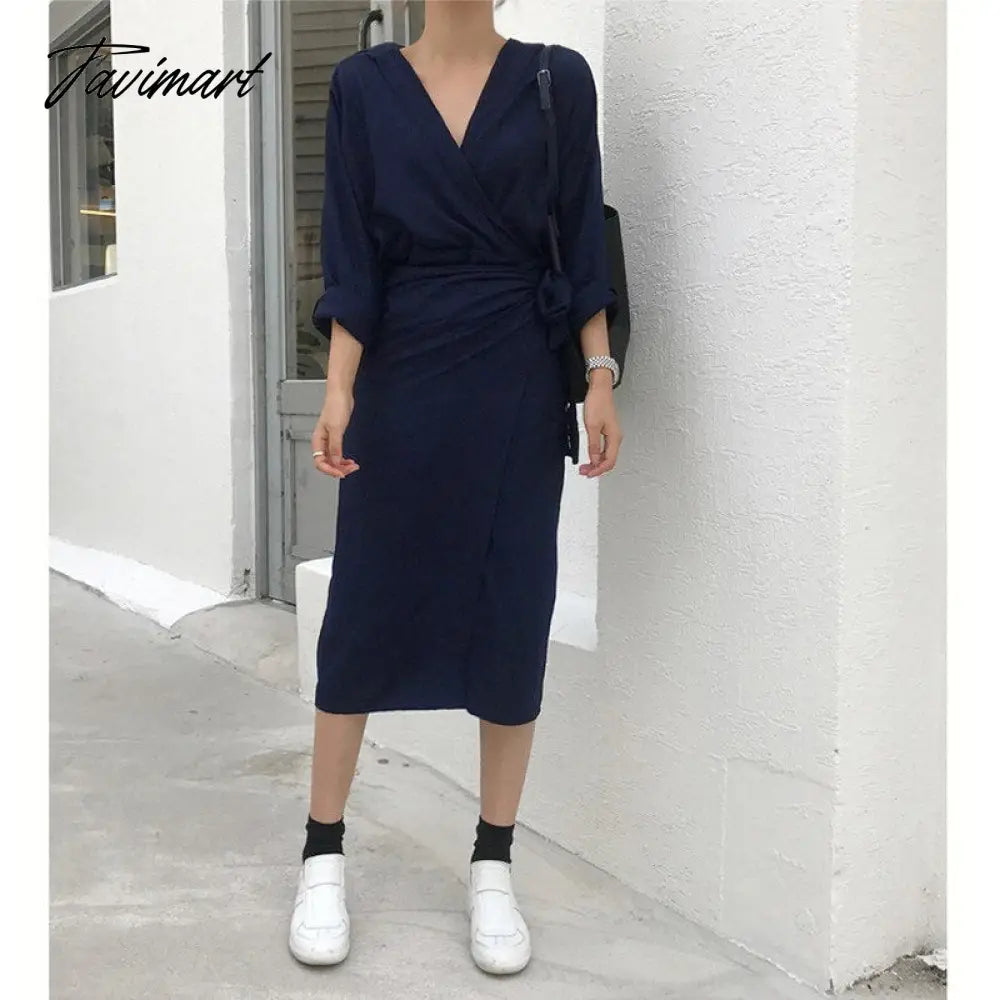 Spring Women Casual V-neck Cotton Linen Midi Dress Full Sleeve Lace Up Female Elegant Solid Vestidos