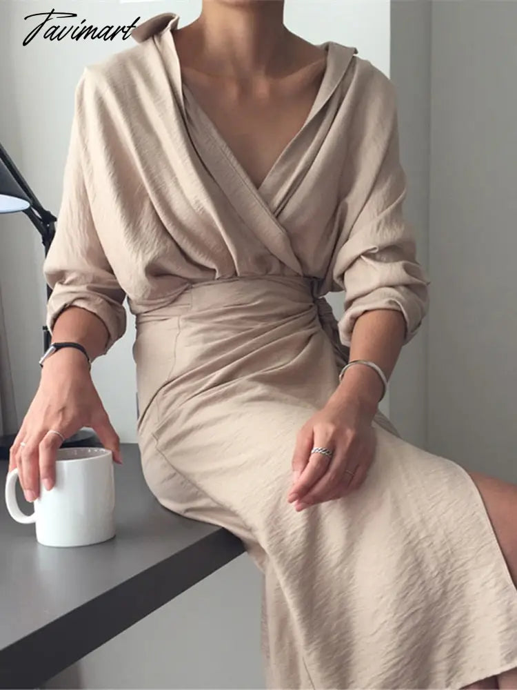 Spring Women Casual V-neck Cotton Linen Midi Dress Full Sleeve Lace Up Female Elegant Solid Vestidos