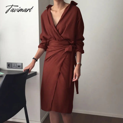 Spring Women Casual V-neck Cotton Linen Midi Dress Full Sleeve Lace Up Female Elegant Solid Vestidos