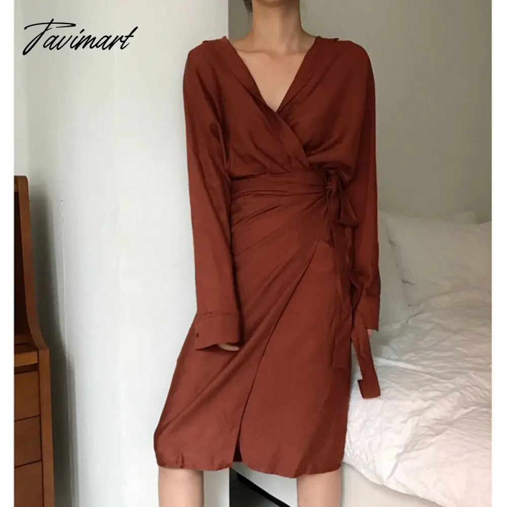 Spring Women Casual V-neck Cotton Linen Midi Dress Full Sleeve Lace Up Female Elegant Solid Vestidos