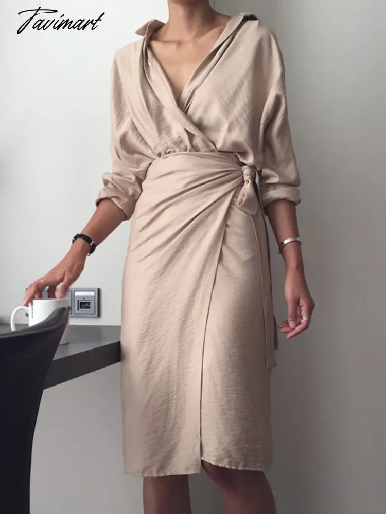 Spring Women Casual V-neck Cotton Linen Midi Dress Full Sleeve Lace Up Female Elegant Solid Vestidos