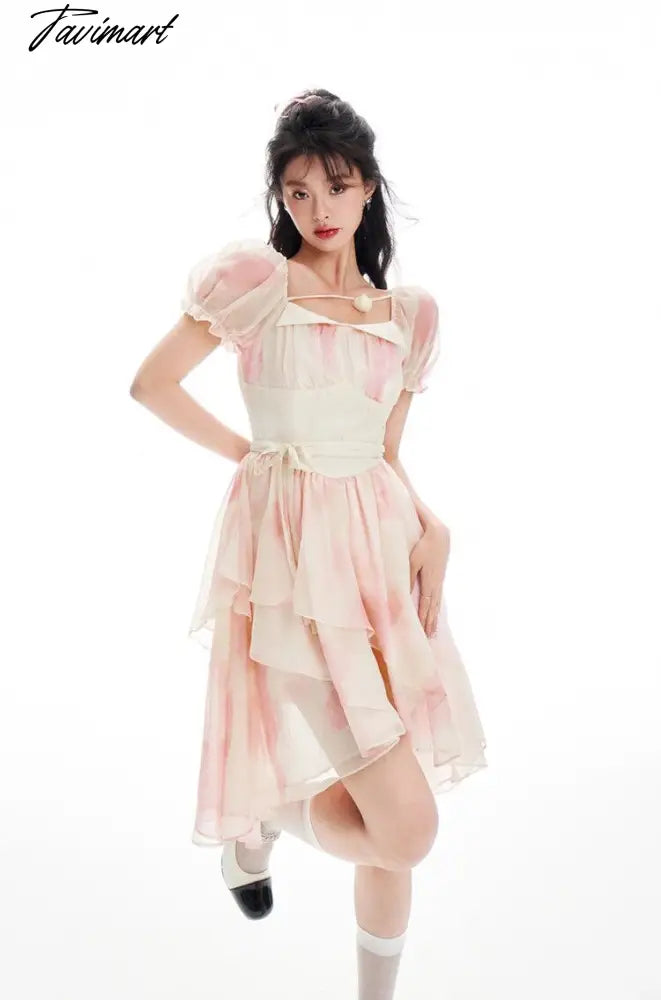 Spring Women Sweet Pink Tie Dye Dress Floral Puff Sleeve Pleated A-line Mini Dress Female Holiday Irregular Y2k Dress