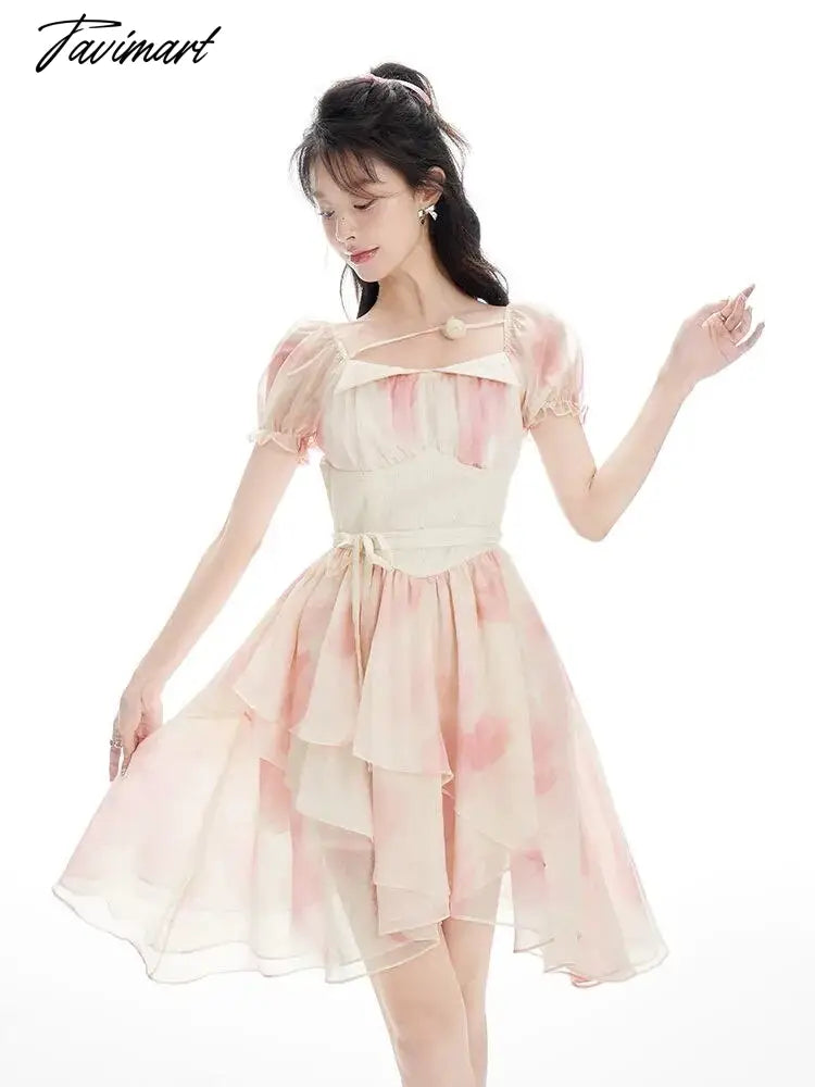 Spring Women Sweet Pink Tie Dye Dress Floral Puff Sleeve Pleated A-line Mini Dress Female Holiday Irregular Y2k Dress