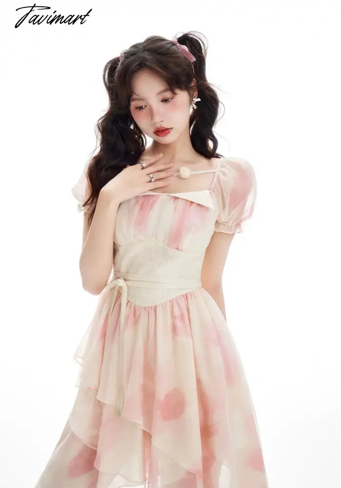Spring Women Sweet Pink Tie Dye Dress Floral Puff Sleeve Pleated A-line Mini Dress Female Holiday Irregular Y2k Dress