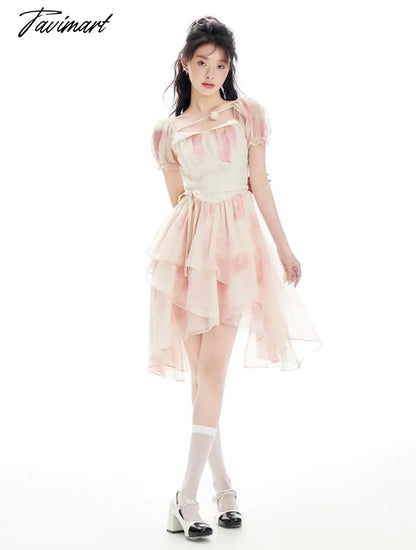 Spring Women Sweet Pink Tie Dye Dress Floral Puff Sleeve Pleated A-line Mini Dress Female Holiday Irregular Y2k Dress