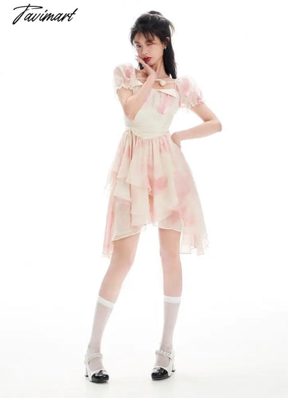 Spring Women Sweet Pink Tie Dye Dress Floral Puff Sleeve Pleated A-line Mini Dress Female Holiday Irregular Y2k Dress