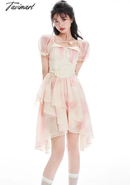 Spring Women Sweet Pink Tie Dye Dress Floral Puff Sleeve Pleated A-line Mini Dress Female Holiday Irregular Y2k Dress