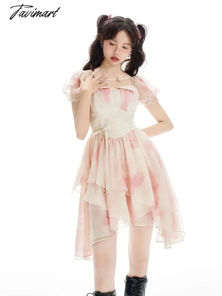 Spring Women Sweet Pink Tie Dye Dress Floral Puff Sleeve Pleated A-line Mini Dress Female Holiday Irregular Y2k Dress