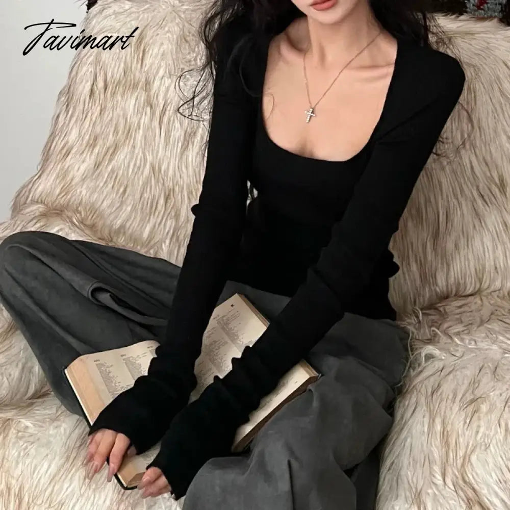 Square Neck Solid Color All Match Long-sleeved T-shirt Women Autumn New Korean Sexy Slim Threaded Knitted Tops