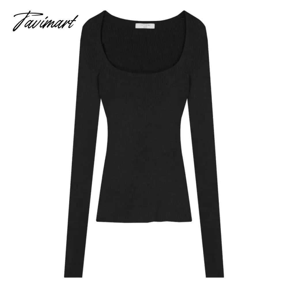 Square Neck Solid Color All Match Long-sleeved T-shirt Women Autumn New Korean Sexy Slim Threaded Knitted Tops