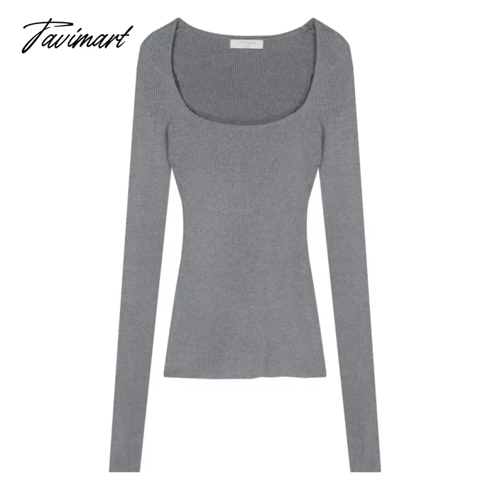 Square Neck Solid Color All Match Long-sleeved T-shirt Women Autumn New Korean Sexy Slim Threaded Knitted Tops