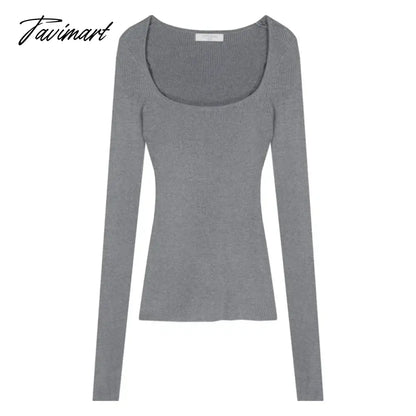 Square Neck Solid Color All Match Long-sleeved T-shirt Women Autumn New Korean Sexy Slim Threaded Knitted Tops