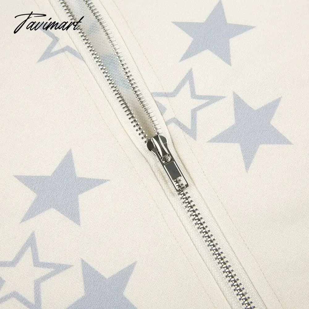 Star Print Hoodies Zip Up Top Jacket Loose Long Sleeve Casual Pullover Women Streetwear Fall Clothes