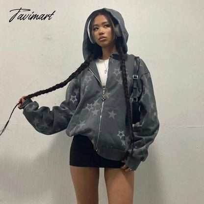 Star Print Hoodies Zip Up Top Jacket Loose Long Sleeve Casual Pullover Women Streetwear Fall Clothes