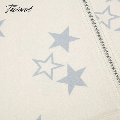 Star Print Hoodies Zip Up Top Jacket Loose Long Sleeve Casual Pullover Women Streetwear Fall Clothes
