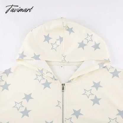 Star Print Hoodies Zip Up Top Jacket Loose Long Sleeve Casual Pullover Women Streetwear Fall Clothes