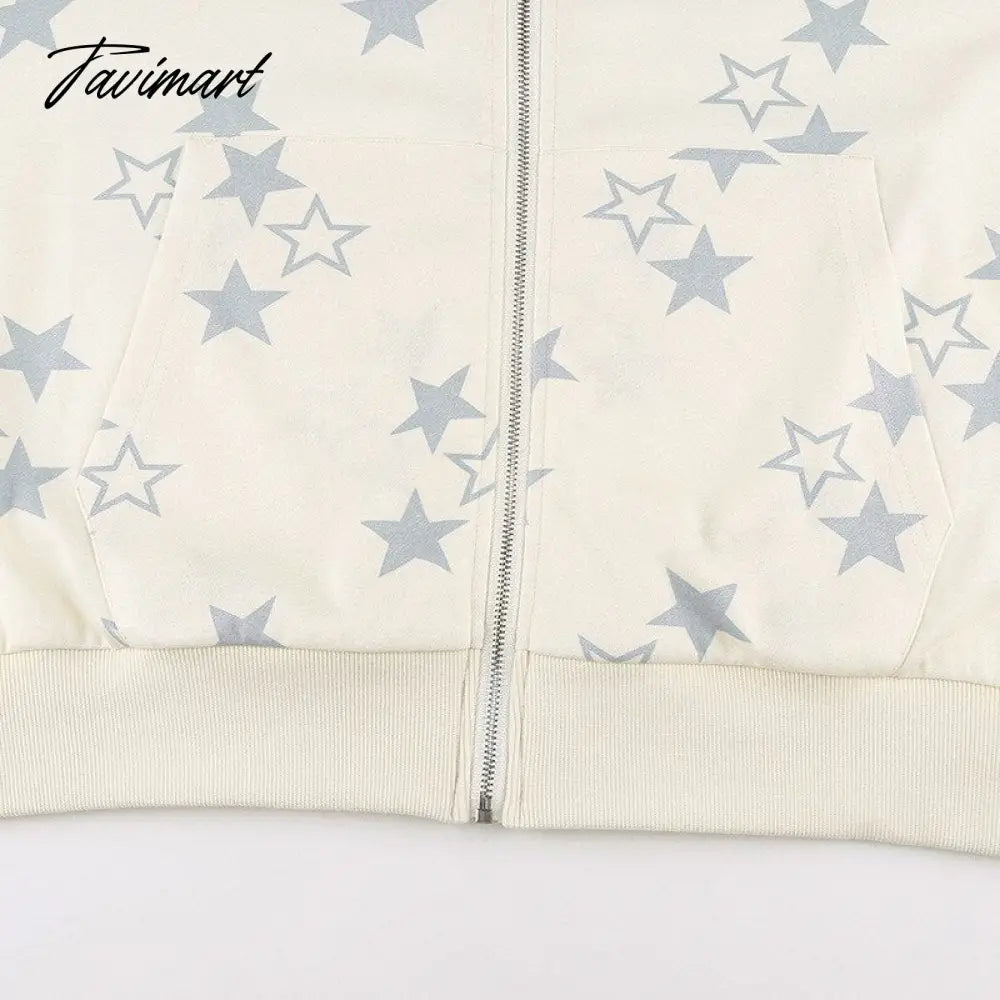 Star Print Hoodies Zip Up Top Jacket Loose Long Sleeve Casual Pullover Women Streetwear Fall Clothes