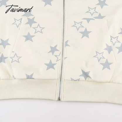 Star Print Hoodies Zip Up Top Jacket Loose Long Sleeve Casual Pullover Women Streetwear Fall Clothes