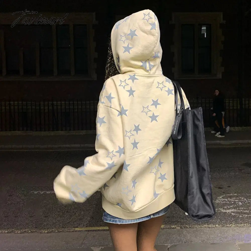 Star Print Hoodies Zip Up Top Jacket Loose Long Sleeve Casual Pullover Women Streetwear Fall Clothes