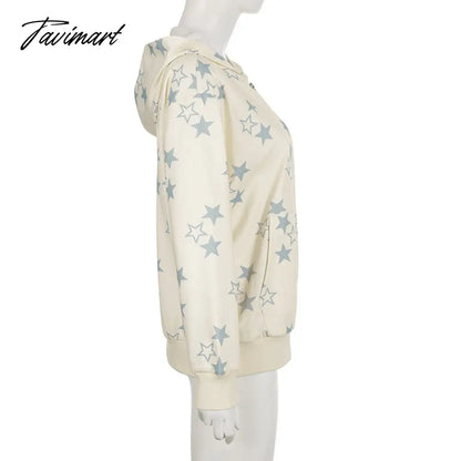 Star Print Hoodies Zip Up Top Jacket Loose Long Sleeve Casual Pullover Women Streetwear Fall Clothes