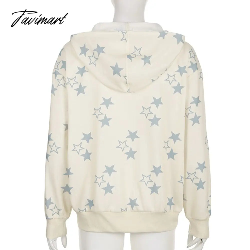 Star Print Hoodies Zip Up Top Jacket Loose Long Sleeve Casual Pullover Women Streetwear Fall Clothes
