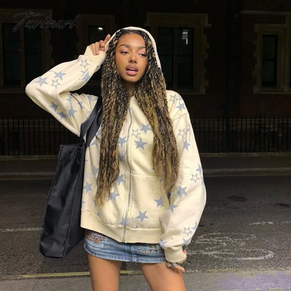 Star Print Hoodies Zip Up Top Jacket Loose Long Sleeve Casual Pullover Women Streetwear Fall Clothes