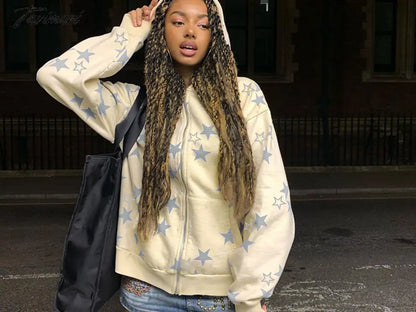 Star Print Hoodies Zip Up Top Jacket Loose Long Sleeve Casual Pullover Women Streetwear Fall Clothes