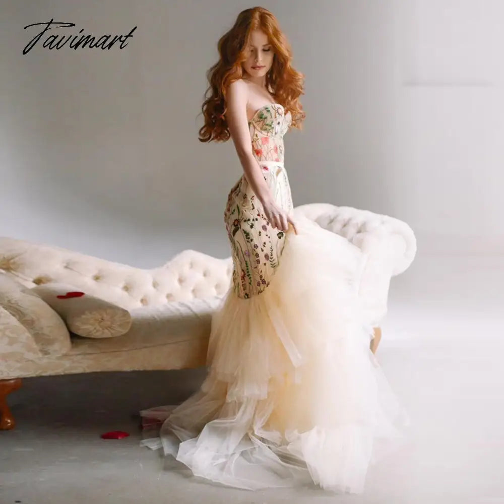 Strapless Champagne Mermaid Evening Dresses Floral Dress Applique Prom Dress Puffy Long Tulle Women's Dress Ever Pretty Gown