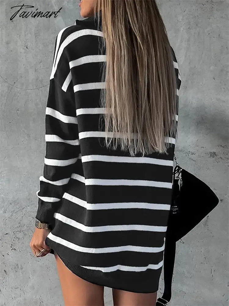 Striped Knit V-Neck Mini Dress Female Loose Zipper Casual Contrast Slim Streetwear Knitwear Fashion High Waist Women Dress