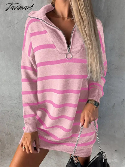 Striped Knit V-Neck Mini Dress Female Loose Zipper Casual Contrast Slim Streetwear Knitwear Fashion High Waist Women Dress